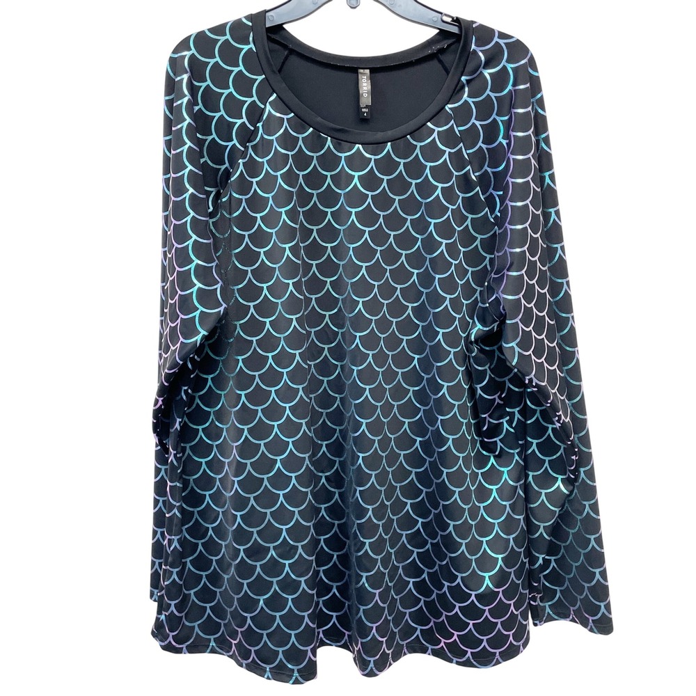 Torrid Women's Black Iridescent Mermaid Scale Swim Shirt Rash Guard Size 4